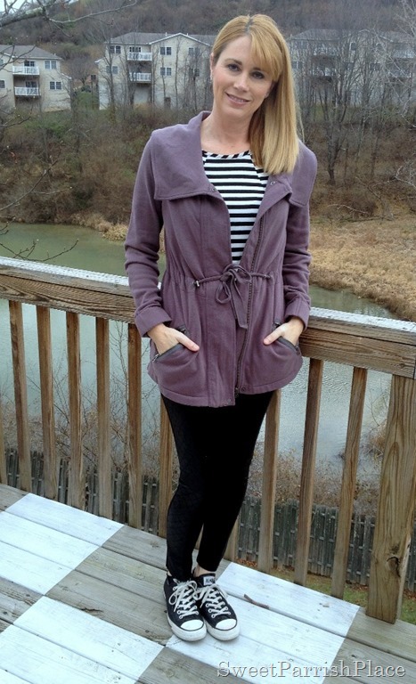 black leggings purple jacket converse
