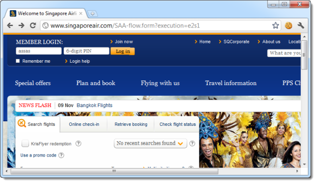 Singapore Airlines carico form di login su HTTP