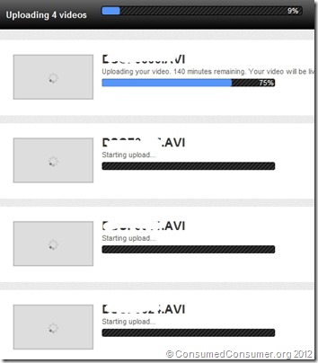 Uploading 4 videos, first one 75%, 140 minutes remaining