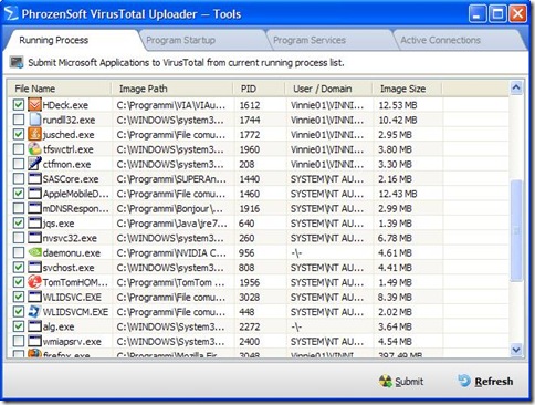 Scansione di processi, programmi, servizi e connessioni con PhrozenSoft VirusTotal Uploader
