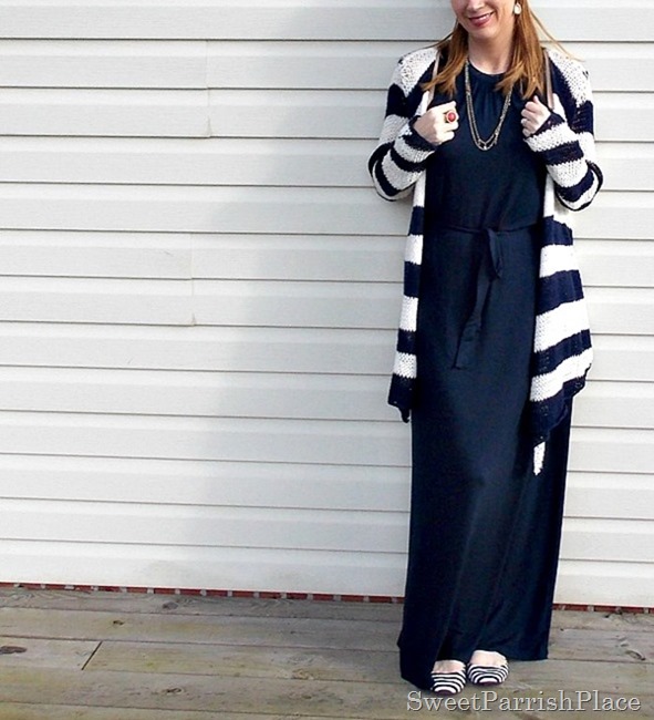navy maxi dress, striped cardigan1