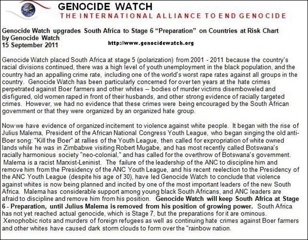 GENOCIDE WATCH REASON FOR UPDATING SA TO STAGE SIX GENOCIDE SEPT 20 2011