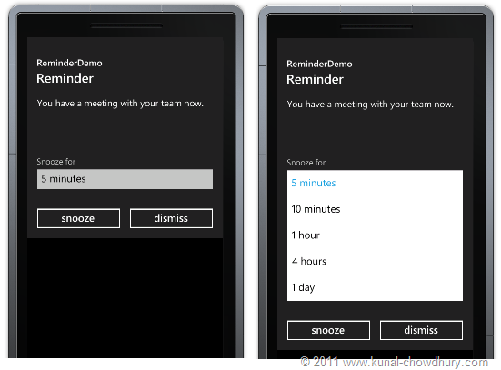 WP7.1 Demo - Reminder Window with Snooze Time Settings