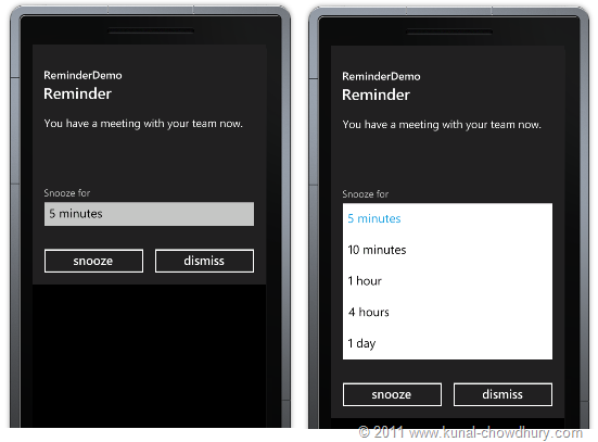 WP7.1 Demo - Reminder Window with Snooze Time Settings WP7.1 Demo - Reminder Window with Snooze Time Settings