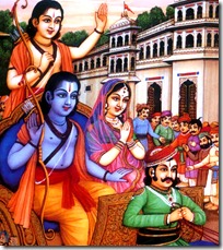 Sita, Rama and Lakshmana leaving for the forest