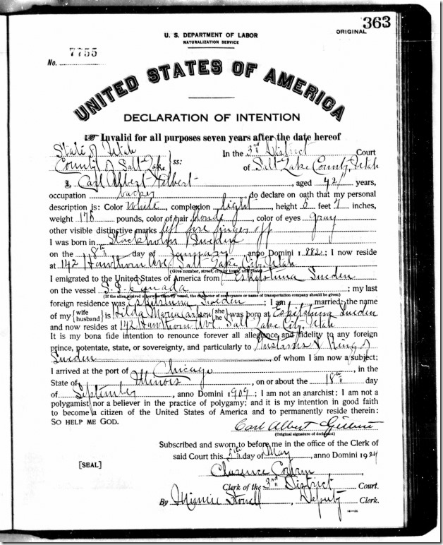 Carl Albert Gilberg Declaration of Intention 1924 Carl Albert Gilberg Declaration of Intention 1924