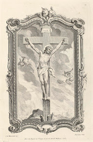 Christus aan het kruis, in een rocaille ornamentrand