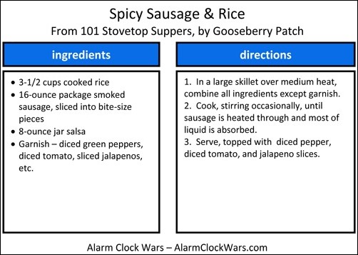 spicy sausage and rice recipe card
