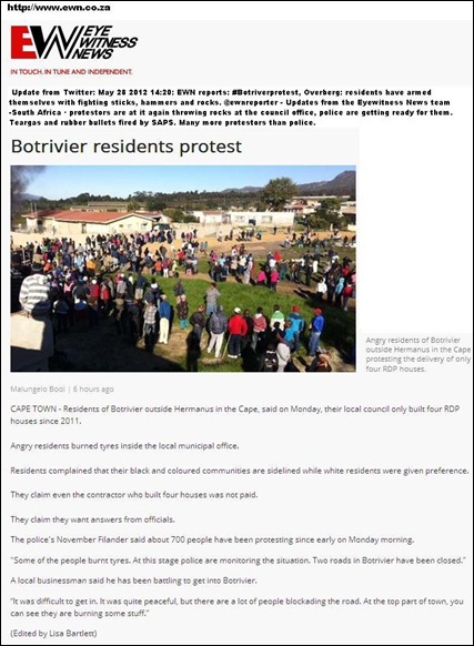 BOTRIVIER NEAR HERMANUS CAPE MAY 28 2012 PROTESTS TURN VIOLENT RESIDENTS DEMAND MORE GOVT HOUSING MALUNGELO BOOI MAY282012