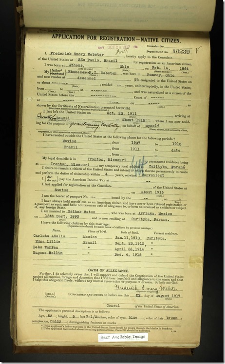 US Consular Registration Applications 1916-1925 Frederick Webster 1917