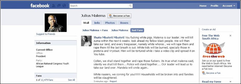 ANC youth league genocidal speech MBATETI Thato_Malema_Facebook_FanPage_Screenshot