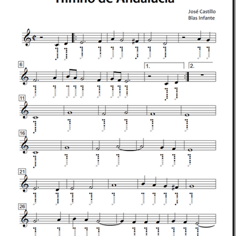 Flauta, partitura del Himno de Andalucía