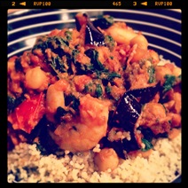 Day #81 - 600 calorie supper of paprika prawns, chilli baked aubergine, chickpeas, sundried tomatoes and couscous