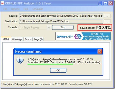 ORPALIS PDF Reducer Free compressione documento completata