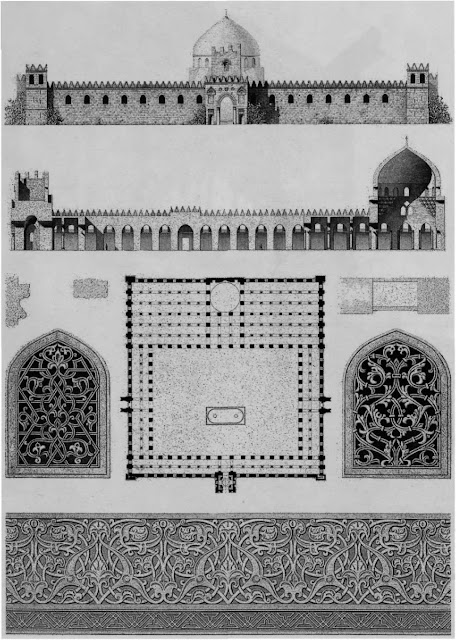 Al-Zahir mosque, plan, elevation, & details, 13th century. Although the mosque was already in ruins by the time of Napoleon's expedition, Prisse, inspired by the remnants, proposed layout schemes and parallels the fine decoration with that of its contemporary, Granada's Alhambra.