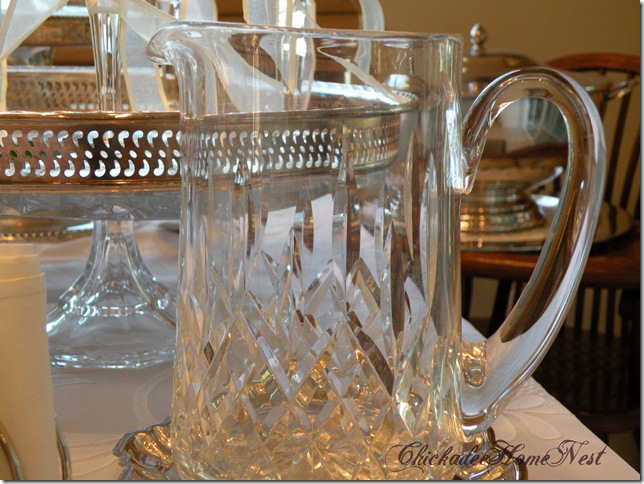 or bridal table, double chafing dish, silver gallery tray, Waterford pitcher