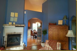 fireplace with blue walls
