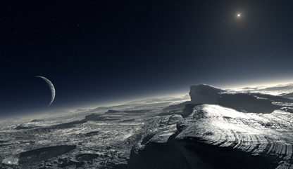 superfície de Plutão, com uma neblina atmosférica, Caronte e o Sol no céu