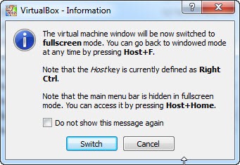 Jendela kecil yang muncul sebelum pindah ke mode tampilan fullscreen di VirtualBox