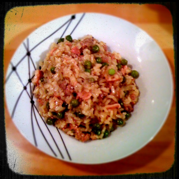 Bacon, sausage and pea risotto