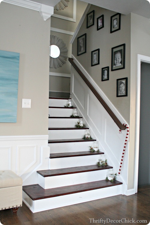 Wood stairs, white risers