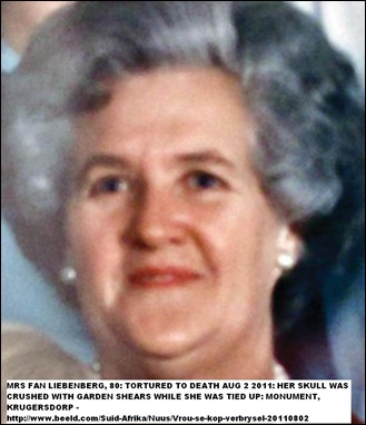 LIEBENBERG Mrs Fan 80 tortured to death with garden shears Krugersdorp Monument Aug22011