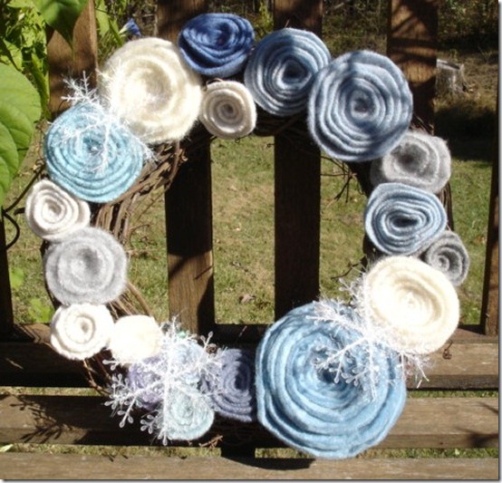 Winter wreath--grapevine wreath with blue and white rolled felt flowers and snowflakes