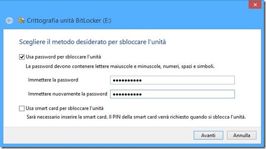 BitLocker Scegliere metodo desiderato per sbloccare l’unità