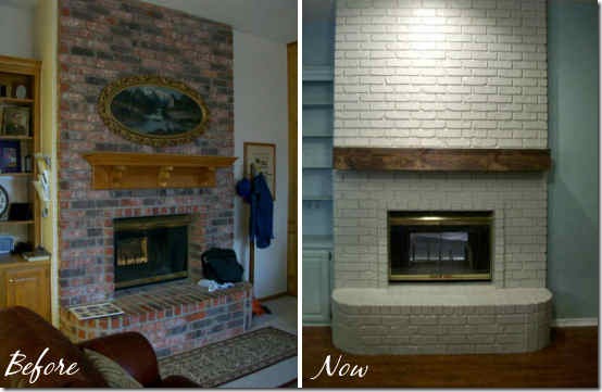 rough hewn wood mantel before and now