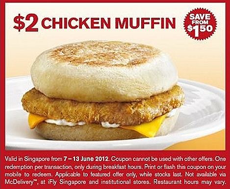 McDonalds McMuffin Chicken Offer $2 breakfast cheese a la carte order Great Singapore SALE flash mobile Singapore restaurants fast food except iFLY, Sentosa, schools