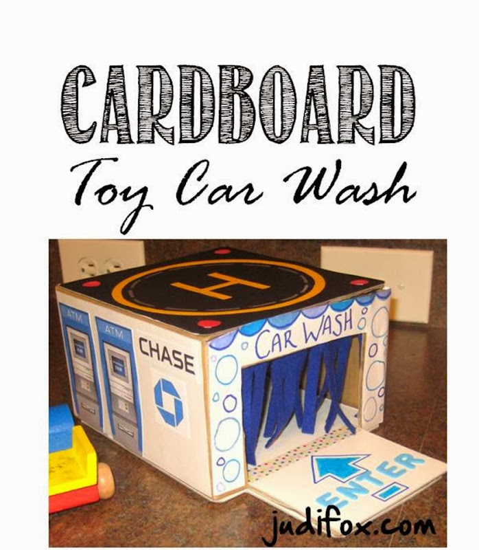 Cardboard Toy Car Wash, Helicopter Pad, ATM, and Gas Station Pump Valero, Chase Bank