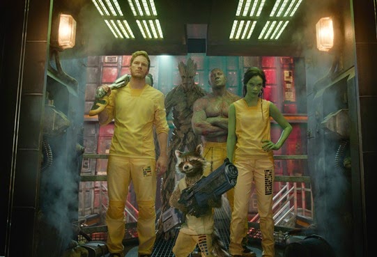 Marvel's Guardians Of The Galaxy..L to R: Star-Lord/Peter Quill (Chris Pratt), Groot (Voiced by Vin Diesel), Rocket Racoon (Voiced by Bradley Cooper), Drax the Destroyer (Dave Bautista) and Gamora (Zoe Saldana).  ..?Marvel 2014