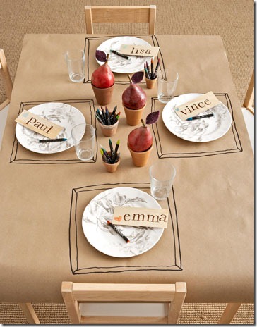 Thanksgiving kids table decorating and activity ideas--brown paper table covering with colors and markers