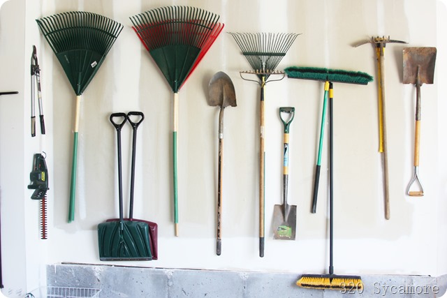 yard tools in garage