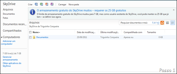 Na tela inicial do Skydrive (site), clique em “O armazenamento gratuito do Skydrive mudou – requerer os 25 GB gratuitos”.