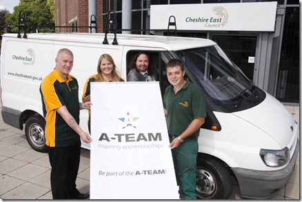 Ben Whitter in the van with apprentices l-r Kai Brereton, Nicola Hull and Daniel Band