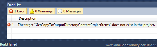 The target “GetCopyToOutputDirectoryContentProjectItems” does not exist in the project