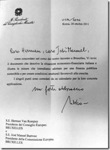 La prima delle 15 pagine della lettera di Silvio Berlusconi rivolta ai presidenti del Consiglio Ue e della Commissione