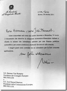 La prima delle 15 pagine della lettera di Silvio Berlusconi rivolta ai presidenti del Consiglio Ue e della Commissione