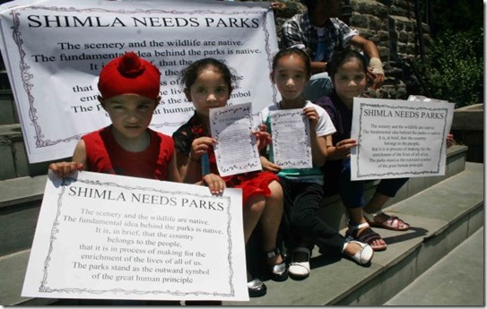 Kids hold placards during protest in Support for having Parks organized by YES NGO in Shimla on Saturday.<br />Photo Toi<br /><br />
