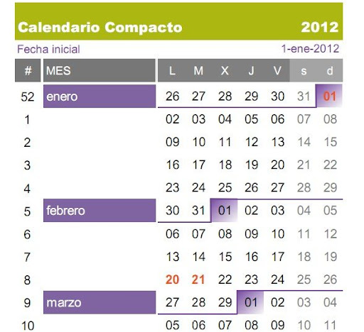 Calendario 2012 en excel y pdf para descargar