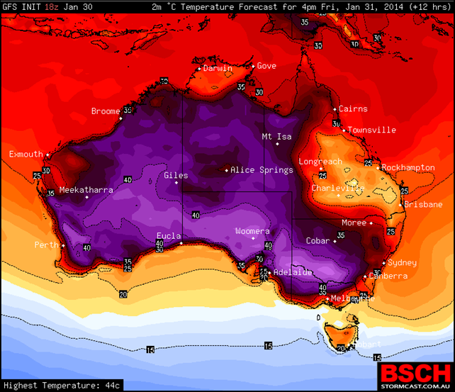 Temperature forecast for 1600 Friday, 31 January 2014. The highest temperature is 44C. Adelaide sweltered through its hottest February day on record Sunday, 2 February 2014. Graphic: BSCH