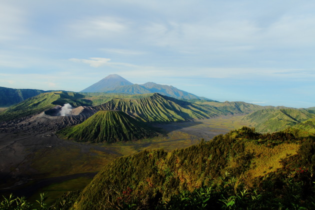 The smoking Bromo and Semeru in the background, East Java, Indonesia