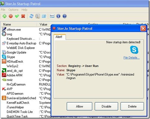 SterJo Startup Patrol notifica aggiunta programma avvio automatico di Windows