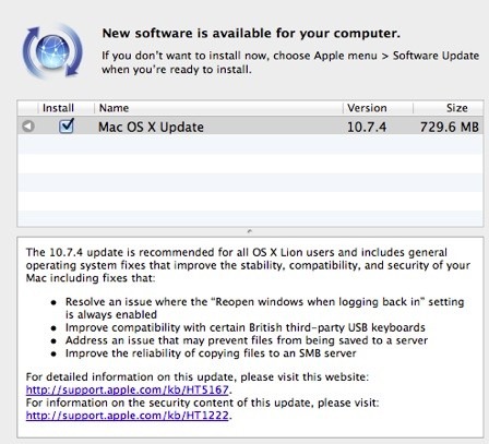 稍早 Apple 釋出 OS X Lion 10.7.4 軟體更新，這次的軟體更新主要是進行的錯誤修正，Apple 建議所有 OS X Lion 的使用者都要安裝此軟體更新