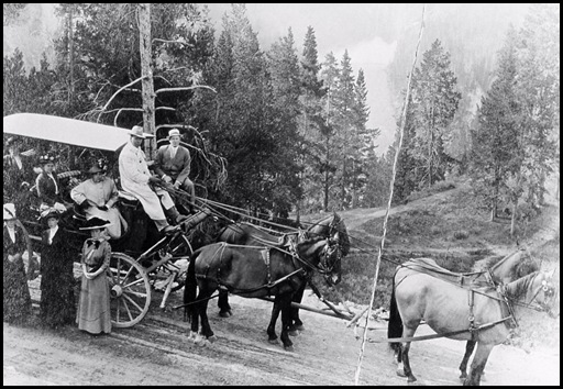 Four horse coach with tourists;<br />Haynes;<br />1910