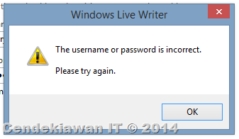 The User Name or password is incorrect - Windows Live Writer