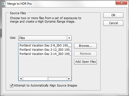 Adobe Photoshop CS6 Merge to HDR Pro Dialog