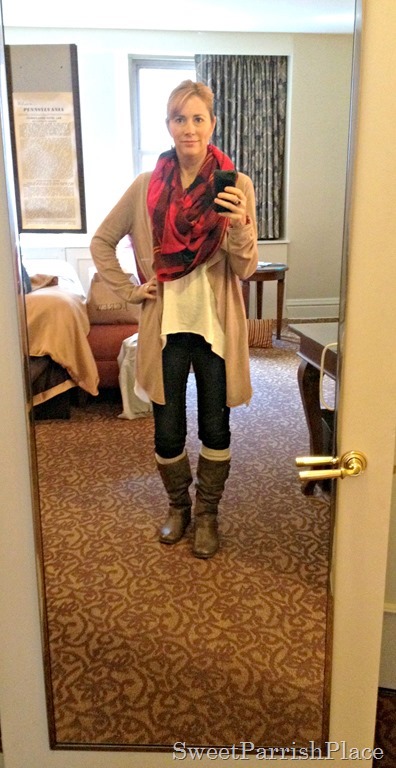 denim leggings, boots, boot socks, and plaid scarf