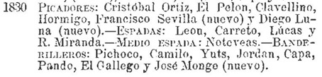 Diestros que han toreado en Madrid en 1830 (1880 Efemerides taurinas Leopoldo Vazquez)